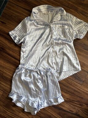 SAPJON Light Blue & White Striped Satin Top